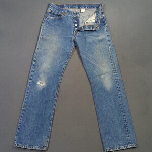 Levi's Jeans Mens 33x34 Fits 32x32 Blue 501 Straight Button Fly Distressed Denim
